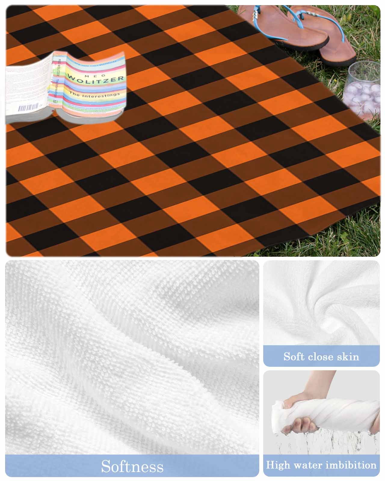 Black Orange Plaid Beach Towels Oversized Super Absorbent, Farmhouse Buffalo Check Gingham Lightweight Bath Towel Quick Dry Sets For Bathroom/Pool/Rv Camping/Beach Play/Gym Room/Picnic 31"x62"