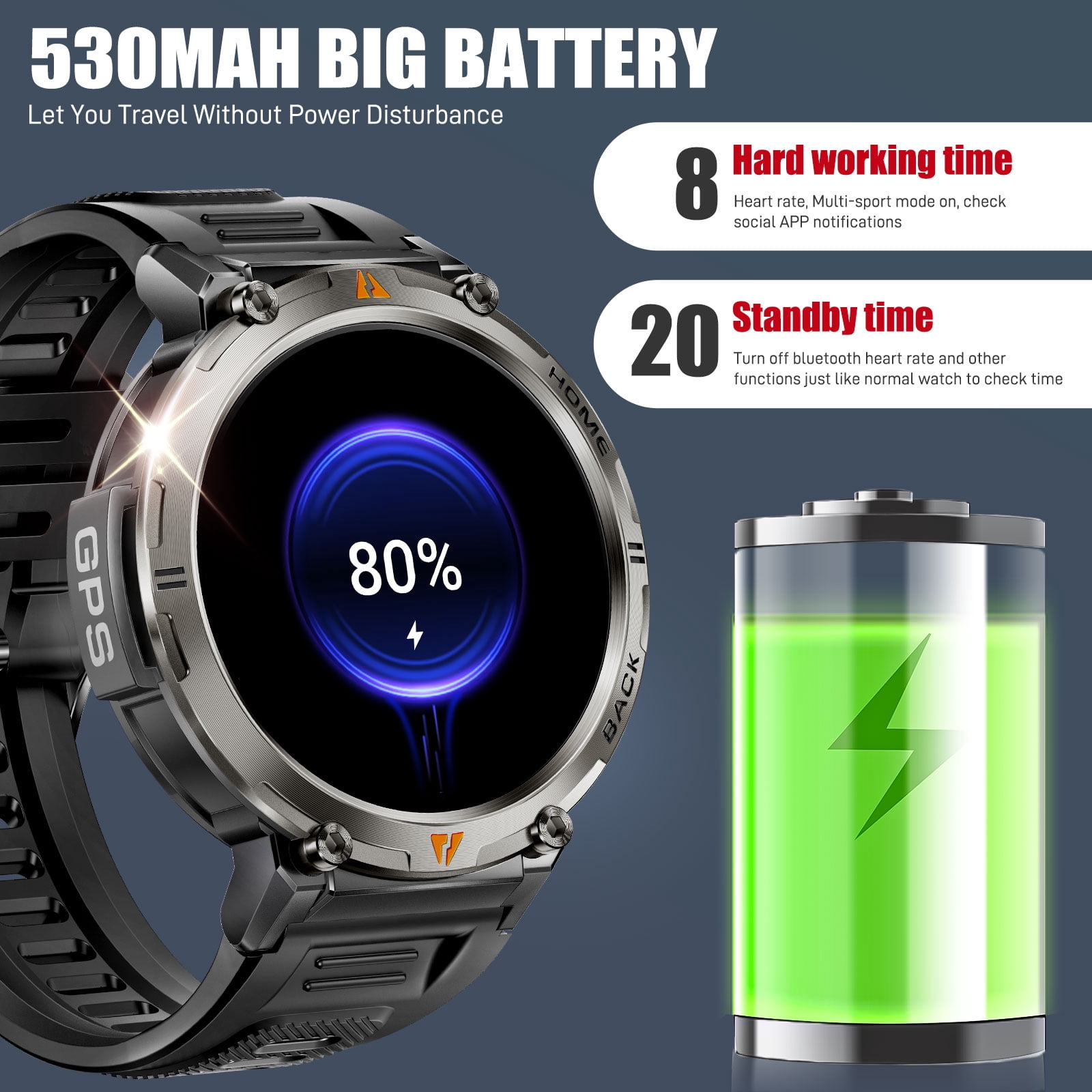 XAXRE KE3Pro GPS Smart Watch for Men with, 3ATM Waterproof Watch 530mAh Smartwatch with Flashlight Compatible with Android iOS, 1pc