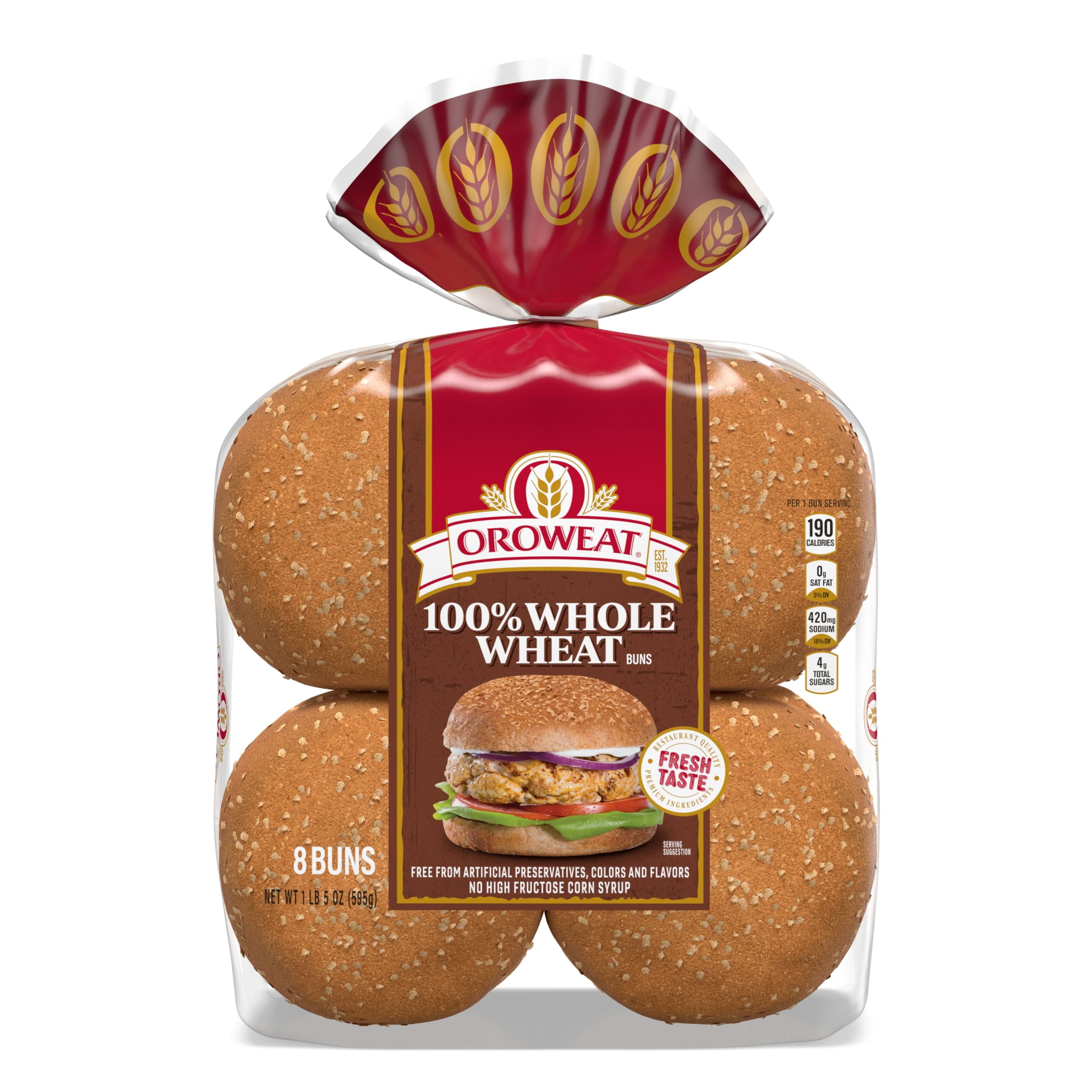 Oroweat Whole Wheat Buns, 8 count, Hamburger Buns, 21 oz Bag