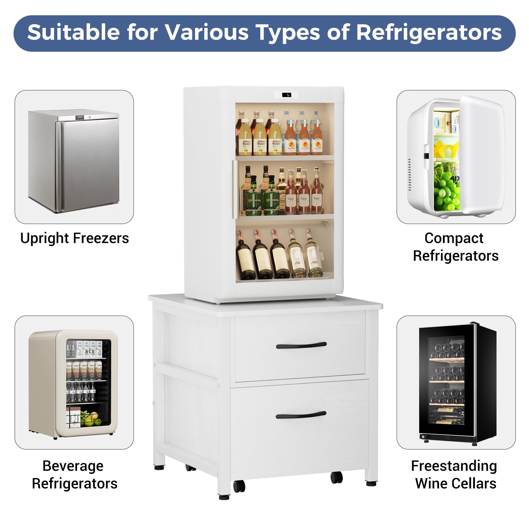 INFANZIA Mini Fridge Stand with Storage, Beverage Refrigerator Stand Table with Rolling Cabine, 22.1"Lx 23.2"W Solid Wood Heavy Duty Mini Fridge Cabinet for Dorm, Office, Bedroom, Black