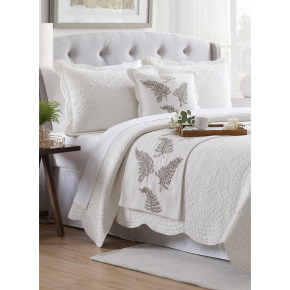 White Bed Runner, Full Size 68"x18" Decorative Bed Runner With Matching Pillow Cover, White Linen Bed Scarf in Fern Embroidery & Pearl - Fern Blossom