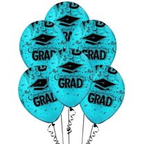 PMU Graduation Balloons 11 Inch PartyTex Premium Turquoise with All-Over Print Black Grad Caps-Confetti and Streamers Pkg/25