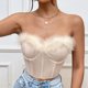 thumbnail image 5 of Gibobby Top de corsé de plumas de encaje de pestañas con cuello en V sexy de color sólido para mujer(Beige,G), 5 of 5