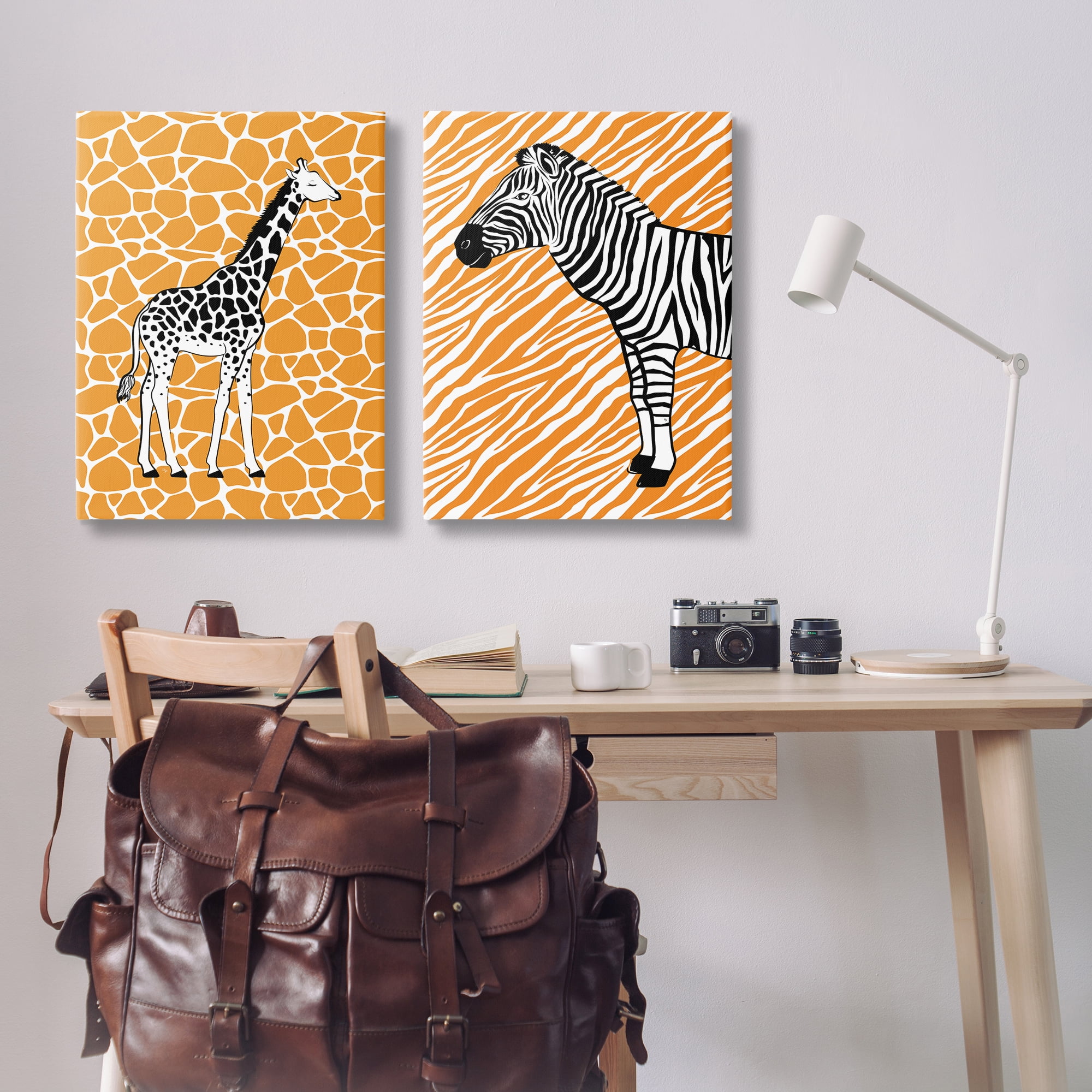 Stupell Industries Jungle Animals on Orange Animals Painting Wrapped Canvas Art Print Wall Art, 24 x 36, Set of 2