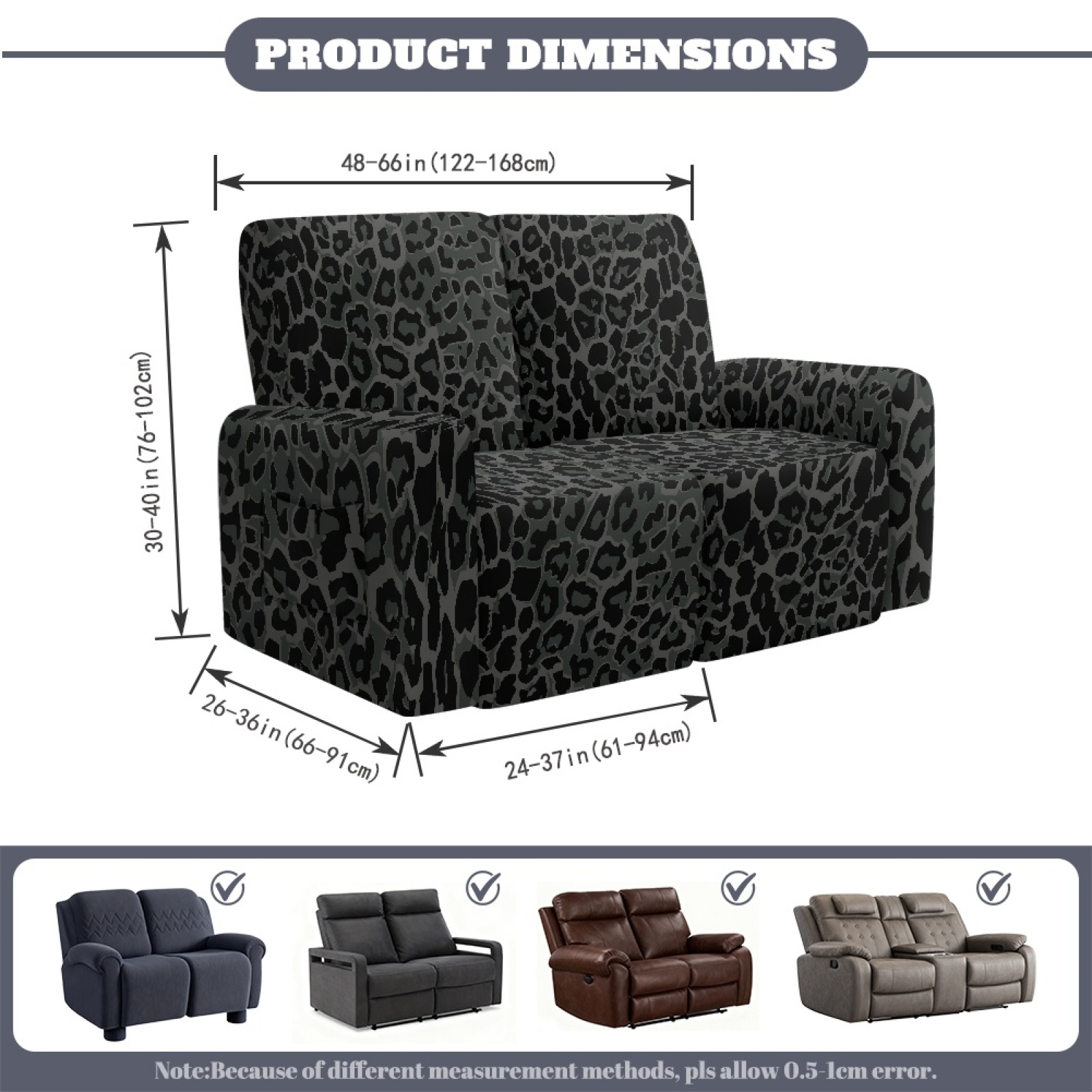 Xoenoiee Black Leopard Print Reclining Loveseat Slipcover, Washable 6-Piece Velvet Stretch Sofa Covers, Soft 2 Seat Loveseat Recliner Cover