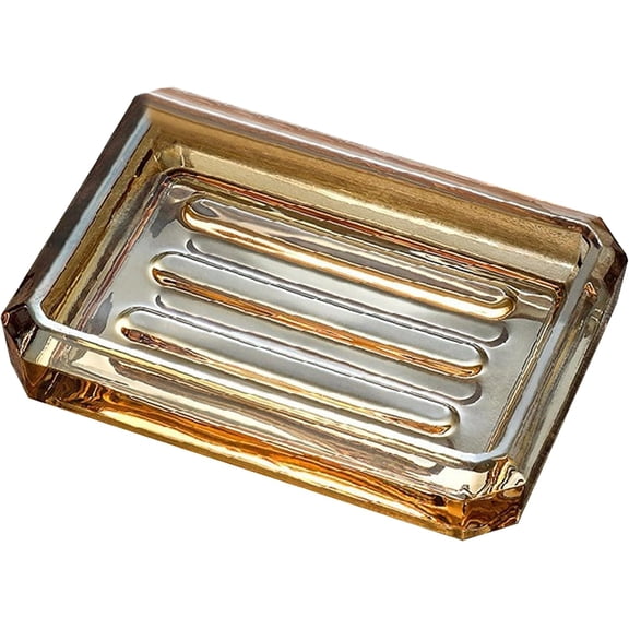 Soap Dish with Drainage Grooves, Square Bar Soap Holder for Bathroom Kitchen, Gold Stripe