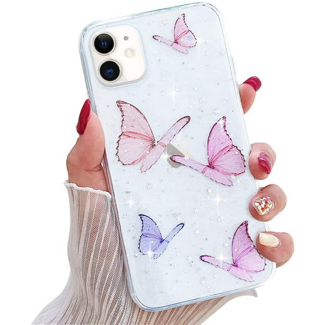 for iPhone 6 Plus iPhone 6S Plus Glitter Case Cute Butterfly Pattern Design Shiny Sparkly Bling Case for Girls Crystal Clear Soft TPU Bumper Protective Cover for iPhone 6 Plus/6S Plus, Pink