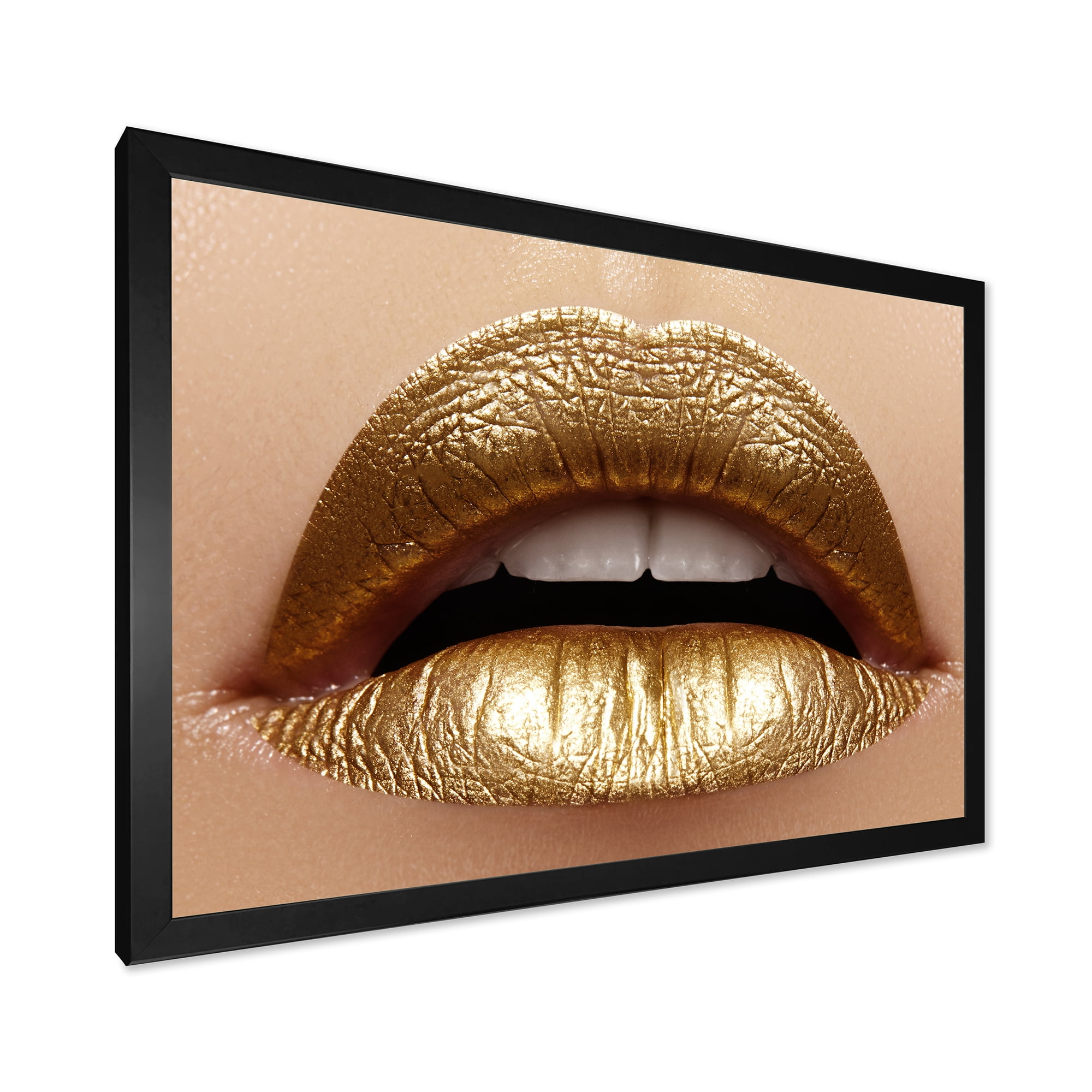 Designart 'Close Up of Woman Plump Lips With Golden Lipstick' Modern Framed Art Print