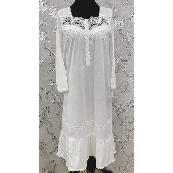 SoieRose White Victorian Cotton Nightgown – SR-1194 – Long Sleeve Nightdress with Floral Lace Yoke