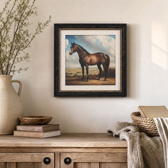 Vintage Horse Framed Wall Art, Equestrian Oil Painting Style Decor for Living Room, Dark Wood Frame with Gold Trim
