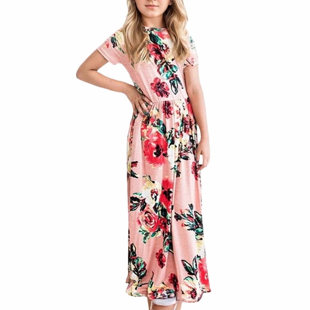 WEAIXIMIUNG Robes pour Filles 4T à 5T Robe Longue Maxi Décontractée Ample à Manches Courtes à Imprimé Floral avec Poches pour Fille 4-5 Ans