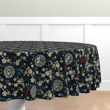 

Cotton Sateen Tablecloth 70 Round - Chinese Year Tiger Red Floral Gold Maroon Cherry Blossom Print Custom Table Linens by Spoonflower