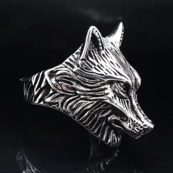 K-KED Men's Viking Wolf Ring Stainless Steel Men's 7-13 Sizes-Silver-8