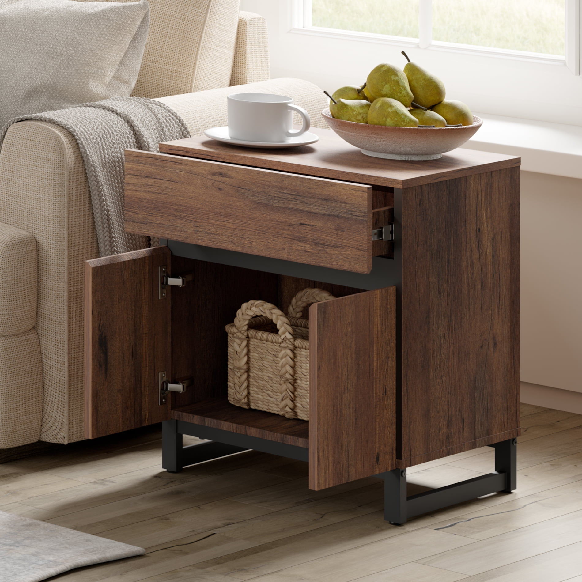 WAMPAT Nightstand with 1 Drawer & 1 Storage Cabinet, Modern Bedside Table with 2 Open Door for Bedroom, Wood Rustic Side End Table for Living Room,Brown