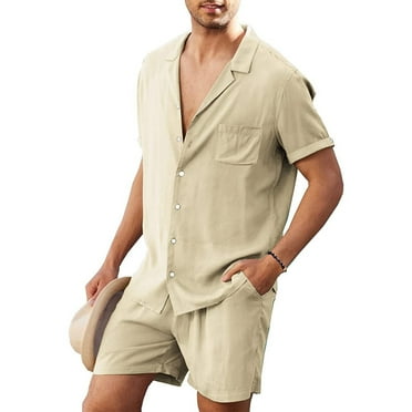 Beige Linen Cotton Casual Shirt Set with Short Sleeves for Men - Breathable Beach Suit