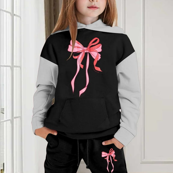 GBSYEWXS Outfits Sets For Child Girls Crew Neck Long Sleeve Leisure Sweatshirt Pant Bow Print Comfortable Fall Clothing Set Black Size 8-9 Years