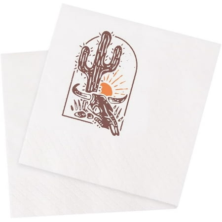 20pcs Western Desert Cowboy Bull Skull and Cactus Cocktail Napkins Party Beverage Bar Disposable Paper Napkins 5 x 5 (Western Desert) 5"x5"