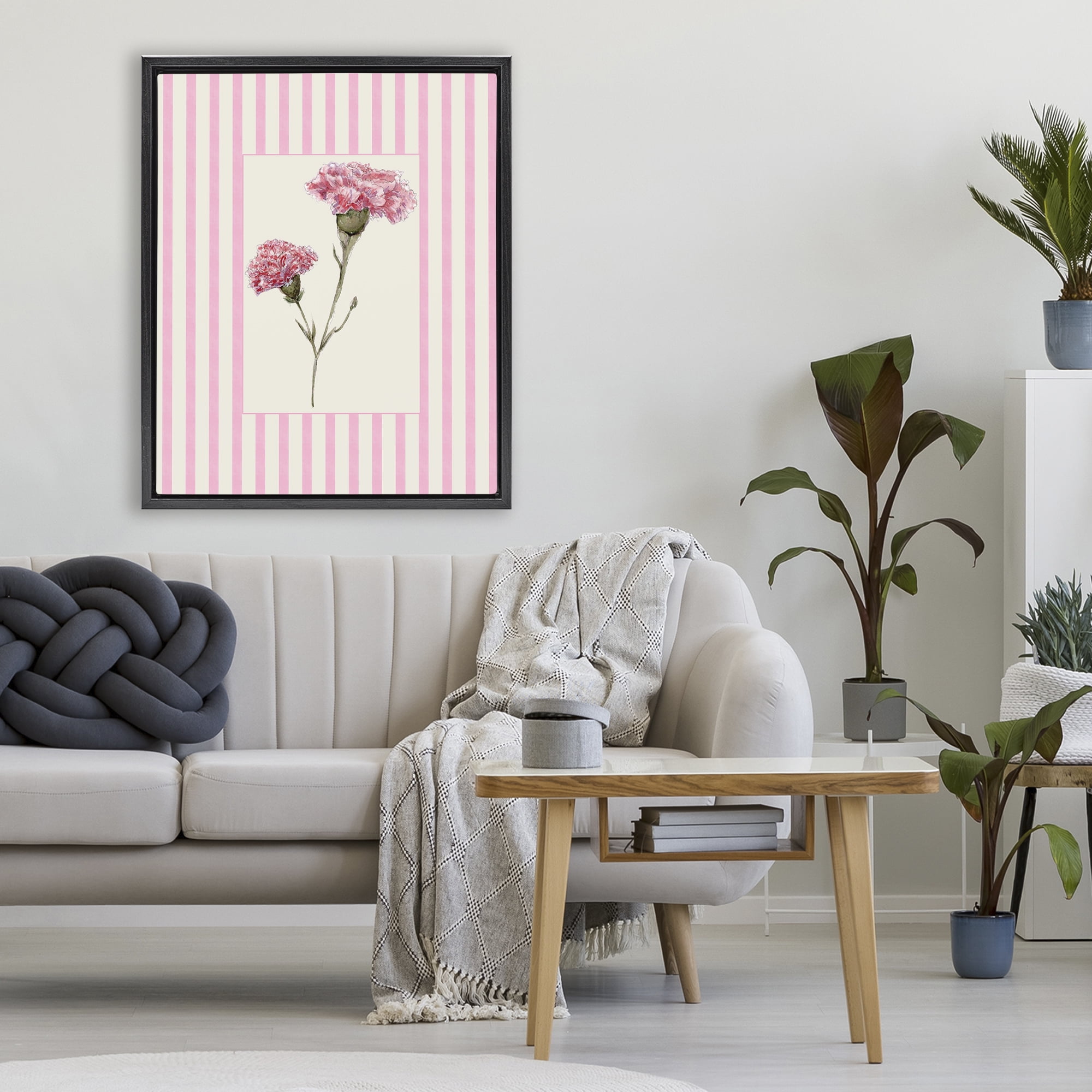 Pink Stripe Carnation Black Framed Floater Canvas Wall Art, design by Lisa Wehmeyer