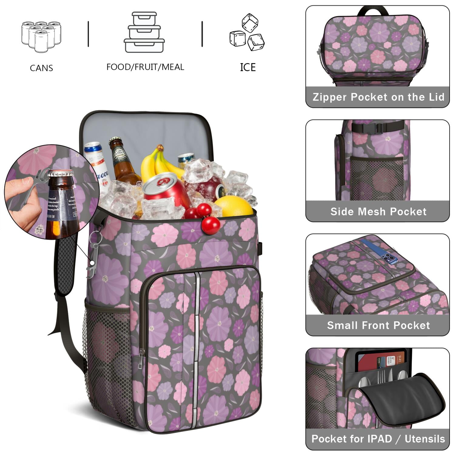 Travel Cooler Bag - Pioneer Flower Floral Print Pattern Camping Beer Cooler Backpack with Bottle Opener- Waterproof Insulated Picnic Backpacks - Cooler Bag for Beach