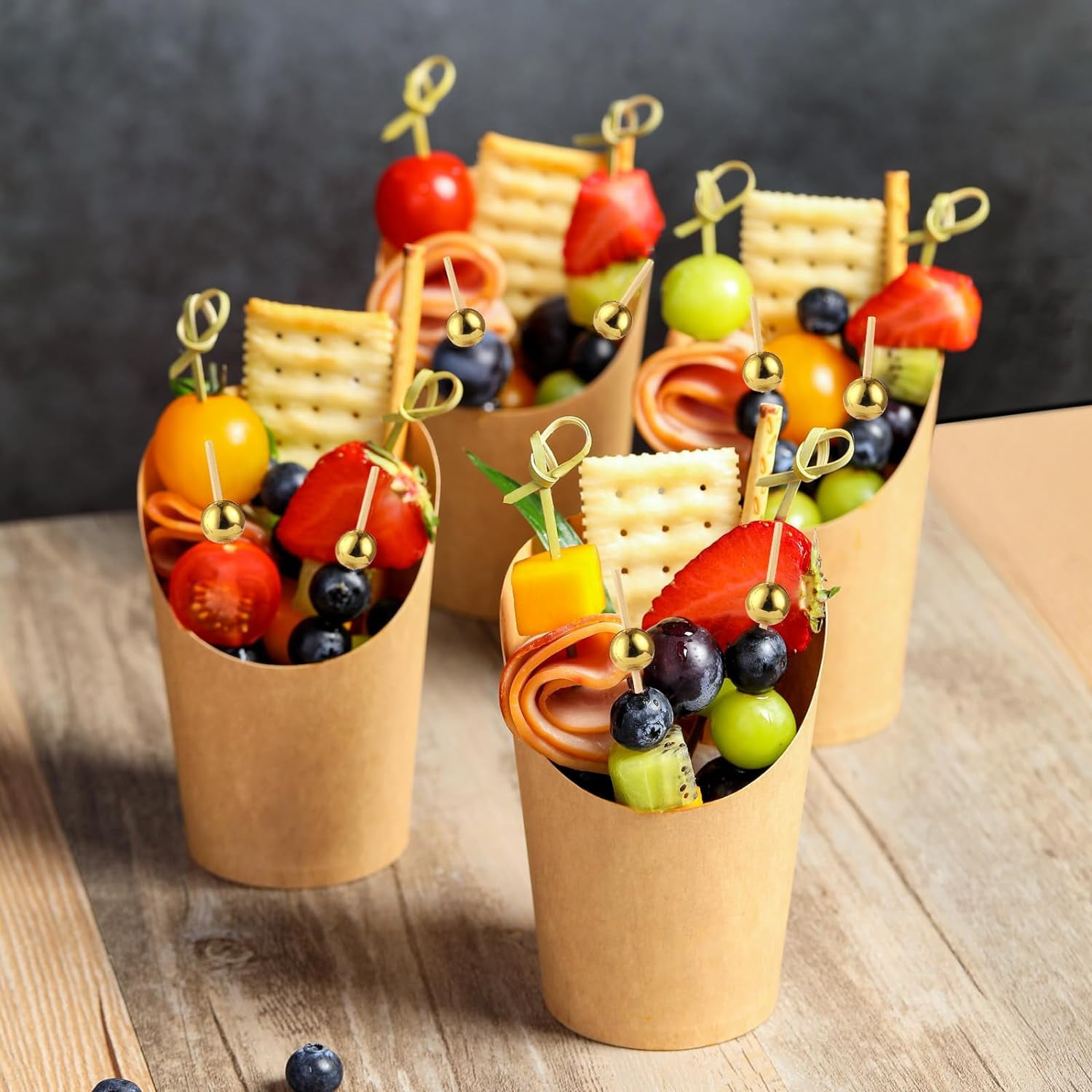 50 Pcs Charcuterie Cups with Skewers, 12 Oz Paper Snack Appetizer Cocktail Picks, French Fry Holder Brown Kraft , Disposable Popcorn Boxes Cones, Party Board Favor(50 ConeCups + 200 Sticks)