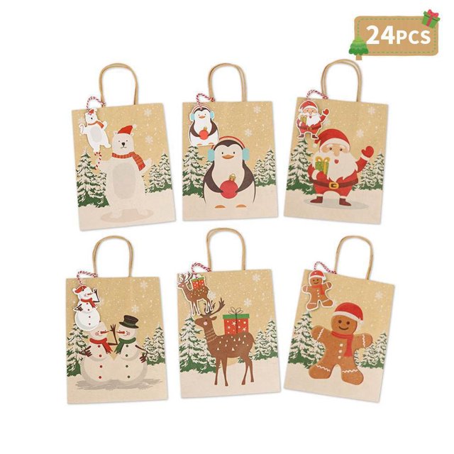 OurWarm 6pcs Christmas Gift Bags Kraft Paper Box with Handle Birthday Wedding Party Favors Gift Bags Packaging for Guests