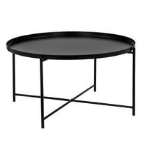 Benjara Ely 33" Coffee Table- Round Tray Top- Cross Base- Black Metal Finish