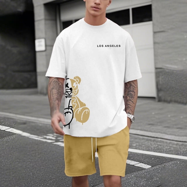 WILLBEST Conjunto de Traje para Hombre con Estampado de Oso para Uso Exterior E Informal. Combinación de Manga Corta y Pantalones Cortos para Verano. Ideal para Relajación y Actividades Físicas.