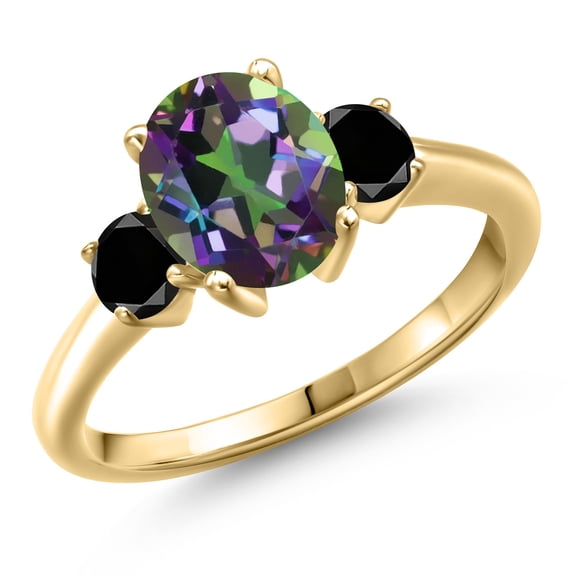 Gem Stone King 10K Yellow Gold Green Mystic Topaz and Black Diamond Engagement Ring for Women | 2.84 Cttw | Oval 9X7MM | Gemstone November Birthstone | Size 6