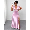 thumbnail image 7 of Plus Size Womens Pink And White Striped Deep V-Neck Cap Sleeve Maxi Dress With Waist Tie, 7 of 7