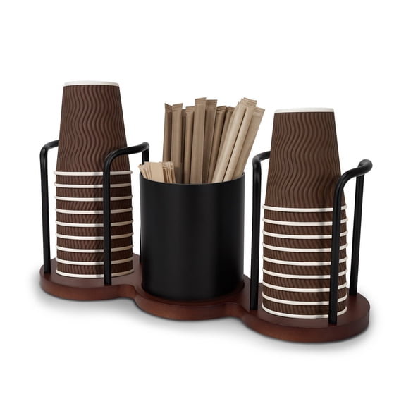 3-in-1 Walnut Coffee Bar Organizer with Dual Cup Dispenser, Paper Cup Holder and Storage Caddy for Office and Bathroom, Black