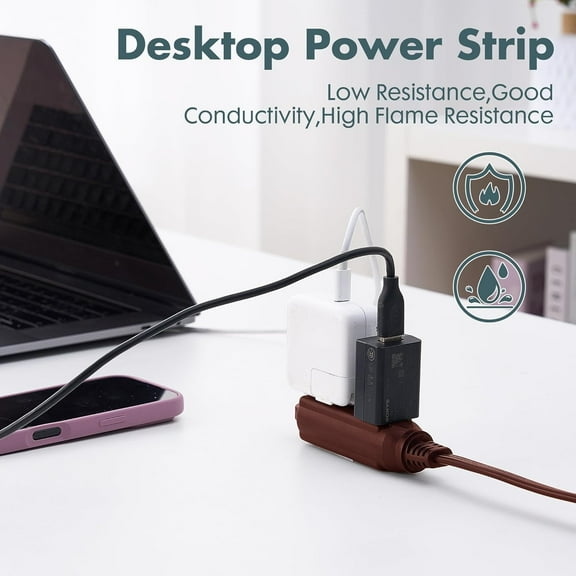 PYYAN-Flat Plug Extension Cord with 3 Outlets Extender, Flat Plug Power Strip, Indoor Extension Cord 16 Gauge 12FT Brown 3 Prong, 16/3 SPT-3 13A, UL Listed