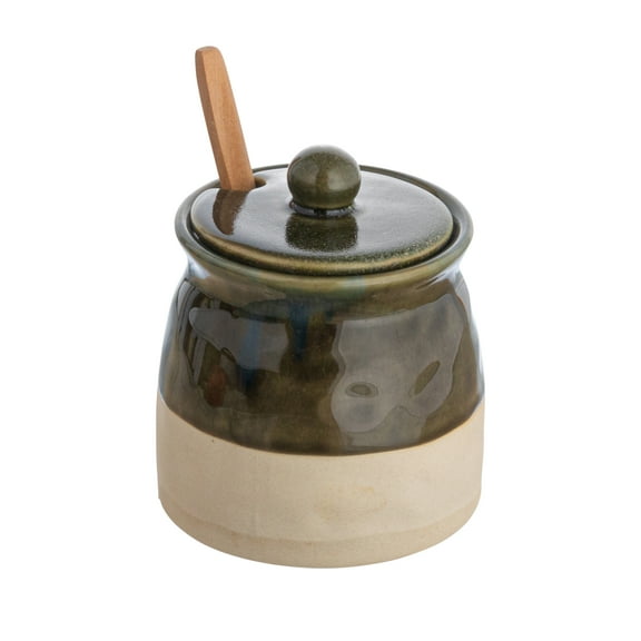 Creative Co-Op Stoneware Sugar Pot with Lid and Wood Spoon, Deep Green Glaze
