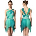 thumbnail image 7 of SiiRoh Womens Rhinestone Lyrical Dance Dress Color Block Mesh Ruched Twisted Knot Irregular Hem Sleeveless Leotard Dress Green XL, 7 of 7