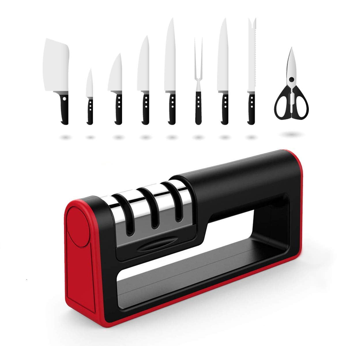 Amerteer Knife and Scissor Sharpener, 3-Stage Knife Sharpening System Tools, Quickly Sharpen Dull Knife, Non-slip Base Kitchen Knife Sharpeners, Safe and Easy to Use