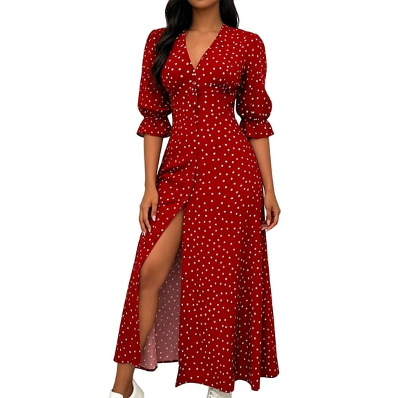 Ygbgbb Women's V‑Neck Polka Dot Maxi Dress, Puff Short Sleeve Single Breasted High Slit Flowy Long Dress for Beach Resort and Holiday Getaways Red L