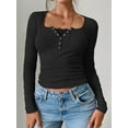 thumbnail image 3 of Women'S Long Sleeve Tops Henley Ribbed Knit Button Up Slim Fitted T Shirts 2025 Casual Basic Tees Fall Blouses Black L, 3 of 8