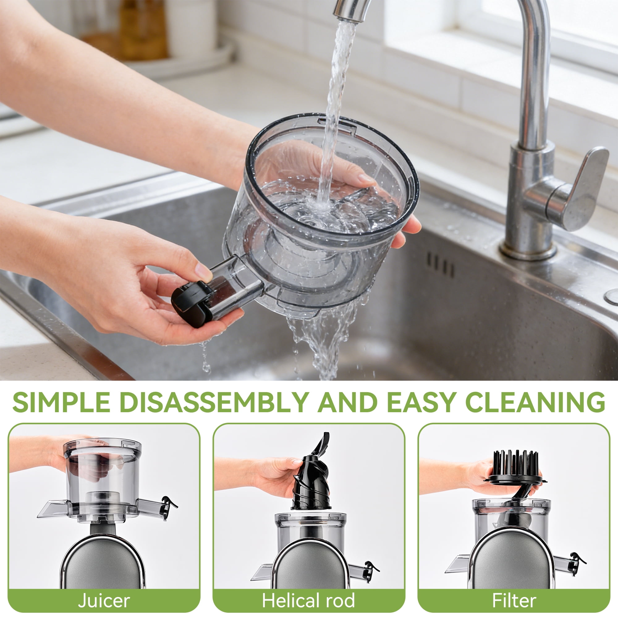 Pukomc Slow Juicer - 300W Cold Press Juicer with 5.3" Wide Chute, One-Touch Operation & Auto Stop, High Juice Yield, Easy Clean, Includes Juice & Pulp Cups(Silver Gray)