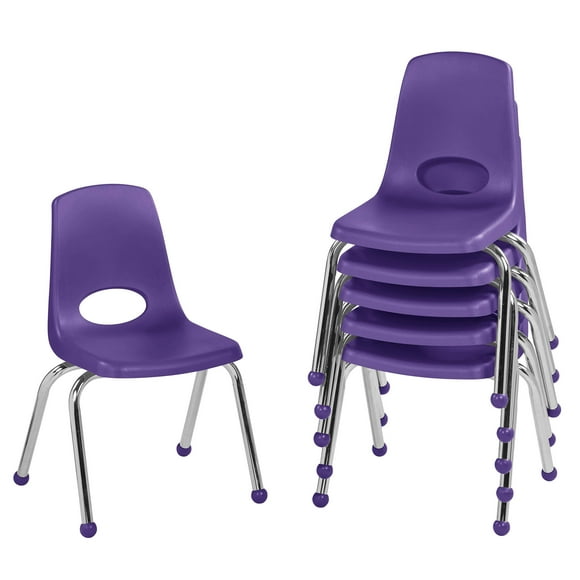 Factory Direct Partners 10363-PU 14" School Stack Chair, Stacking Student Seat with Chromed Steel Legs and Ball Glides for in-Home Learning or Classroom - Purple (6-Pack)