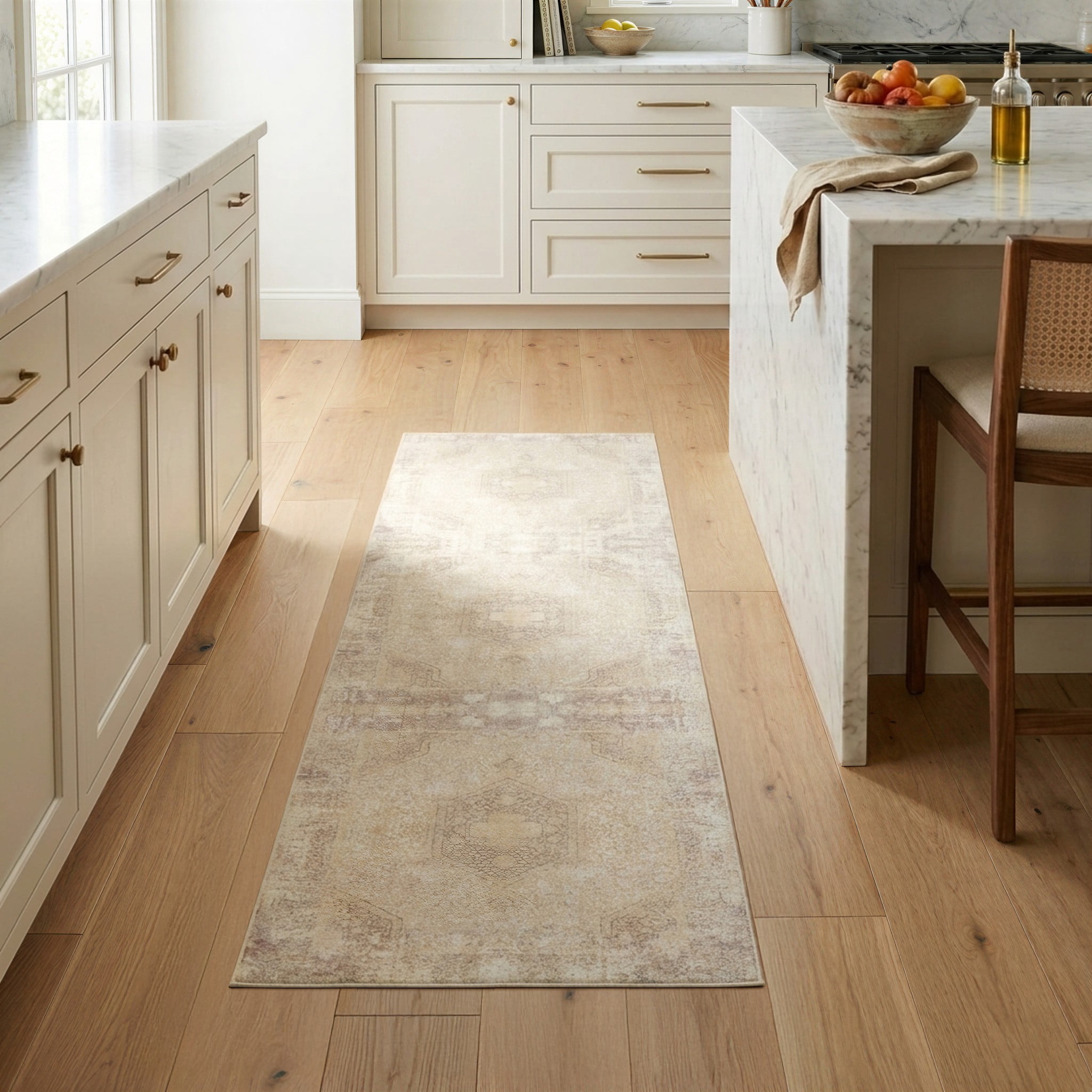 LR Home Brooke 2' x 5' Beige Medallion Waterproof Non-Slip Machine Washable Indoor Area Rug