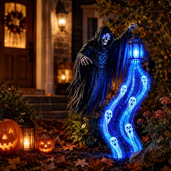 31.5 Inch Halloween Soul Harvester Animated Garden Light – Solar Powered Flowing Ghost Spirit Lantern with Ground Stake, Spooky Animated Light Show Decor for Front Yard Haunted Display