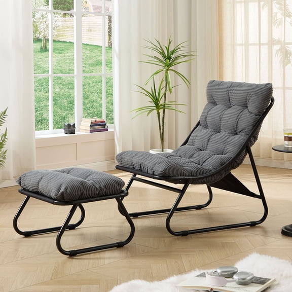 S-HOME European Style Patio Chair With Puffy Cushion And Foot Stool In Black Steel Frame For Living Room Spaces, Grey