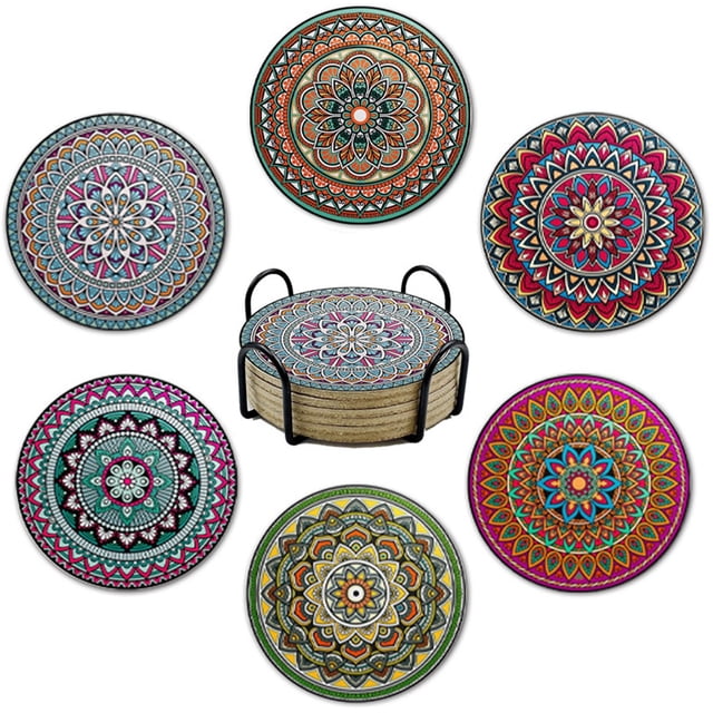 Juego de madera de 6 piezas con estante de almacenamiento, agua con mandala de girasol con aislamiento térmico