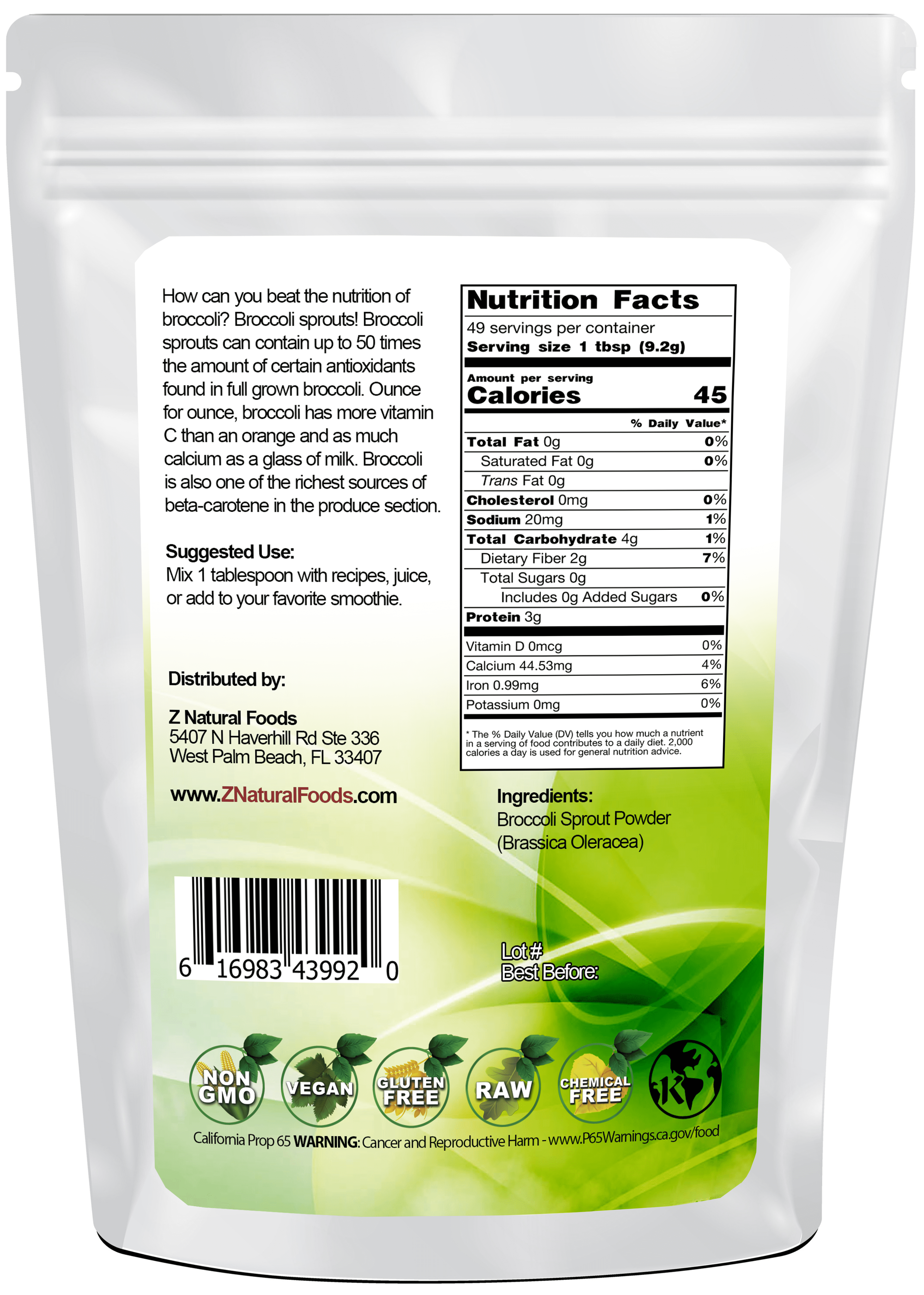 Z Natural Foods Broccoli Sprout Powder, Superfood Powder, 1 lb