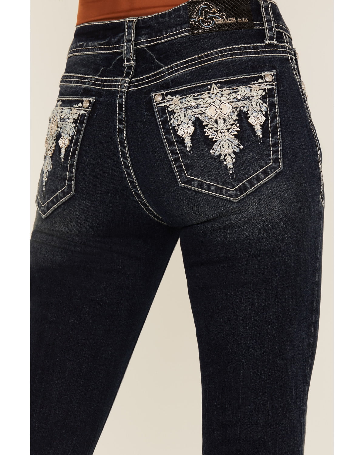 Grace In La Women's In Dark Wash Geo Print Embroidered Mid
