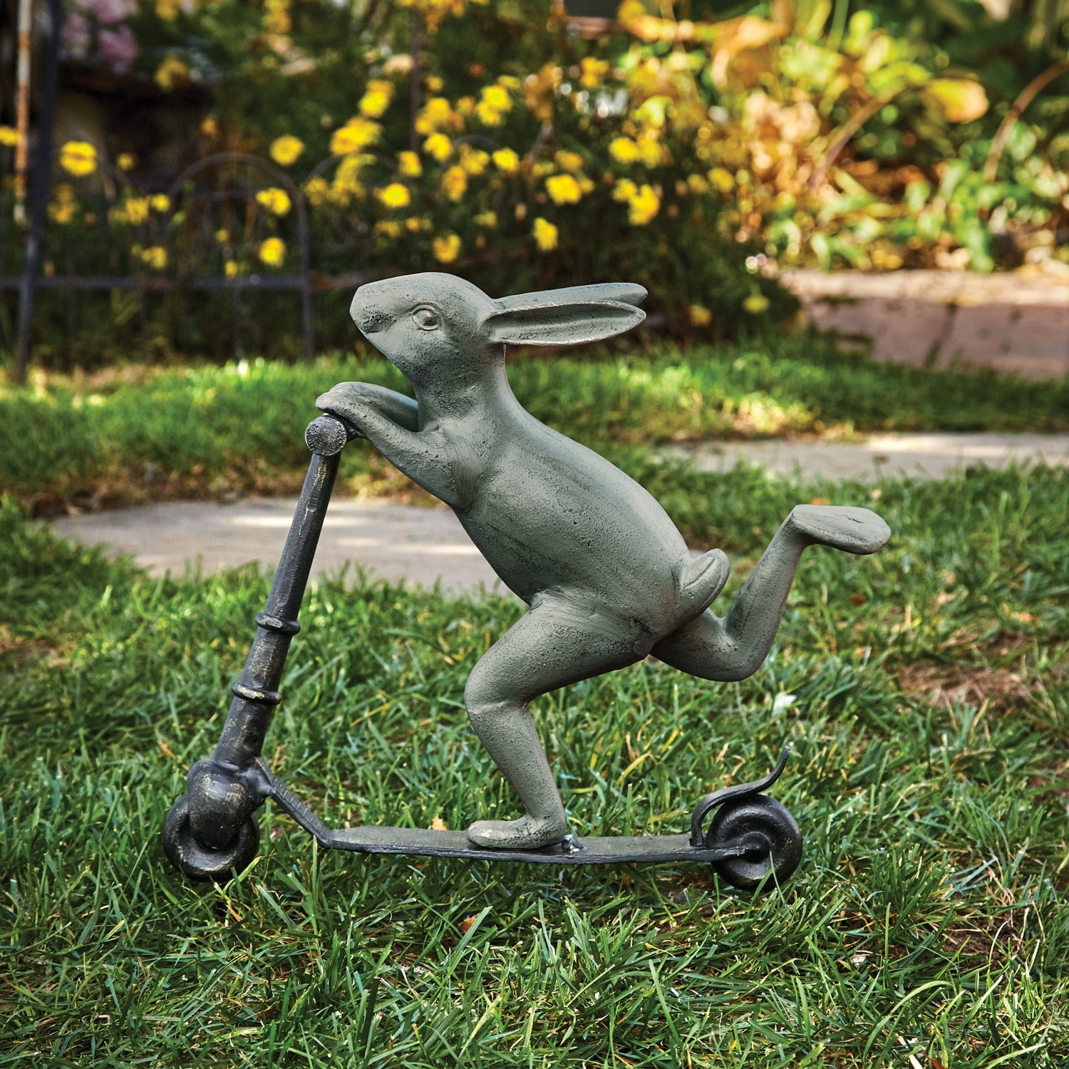 Scooter Bunny Antique Grey and Bronze Metal Garden Sculpture