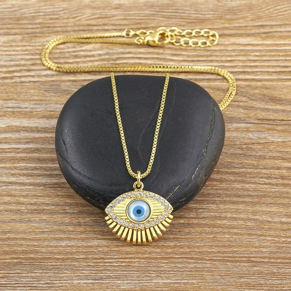 14K Yellow Gold Good Quality Cubic Zirconia Crystal Eyelash Nazar Evil Eye Pendant Necklace Women Trendy CZ Stones Jewelry Gift