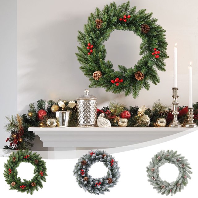 Colgado de puerta artificial con corona de Navidad | Decoración Blanca Plástica Realista de 12 pulgadas/30 cm | Follaje realista | Resistente al desvanecimiento duradero | Uso en interiores y