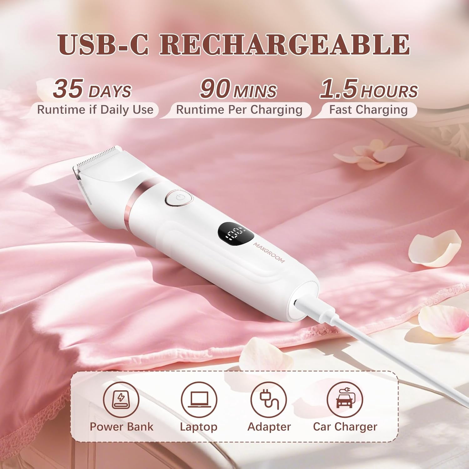 Bikini Trimmer for Women, 3 in 1 Electric Razors with LED Display, Waterproof Wet & Dry Use Hair Trimmer Kit for Ladies Pubic Legs Face Underarms, Type-C Rechargeable Portable Womens Body Shavers Set