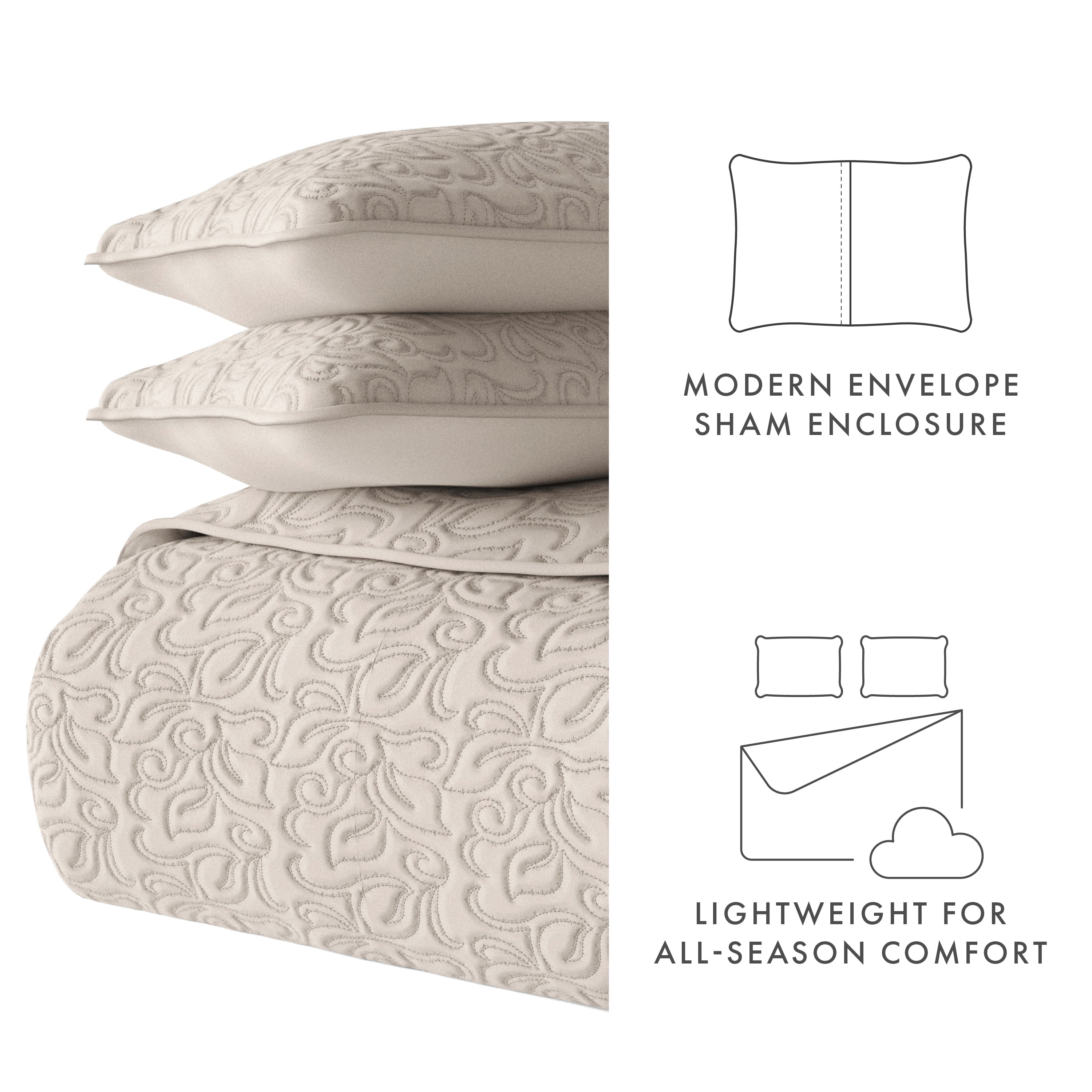 Noble Linens 3 Piece Latte Floral Stitch Quilt Set, Twin / Twin XL