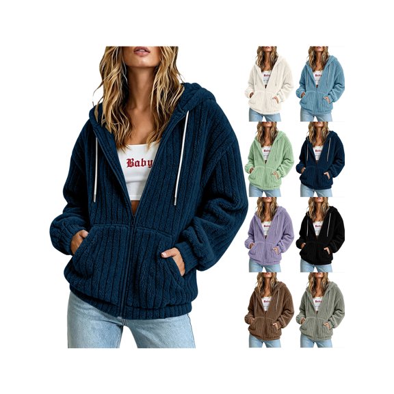Lenago Women's Solid Color Long Sleeved Plush Hooded Zipper With Pocket Loose Casual Jacket 2026 Navy S